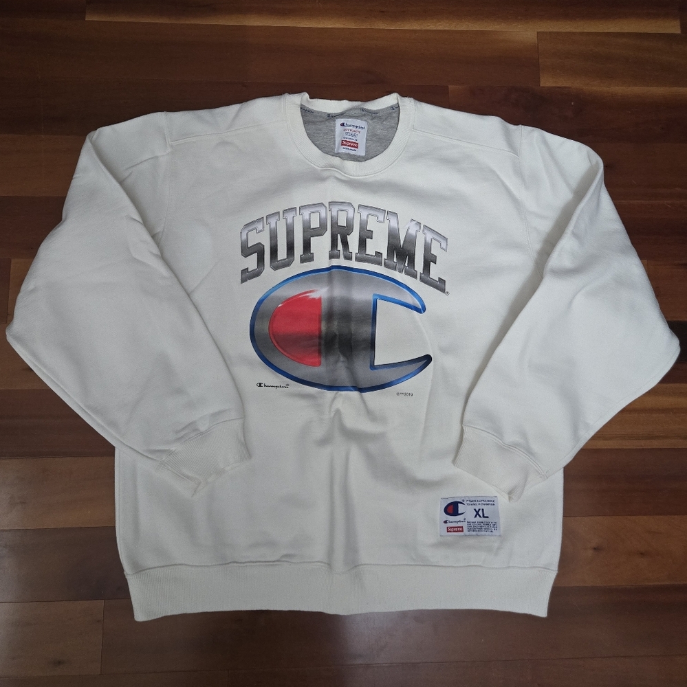 Super Rare Supreme X Champion Collab White Crewneck Sweater with Logo